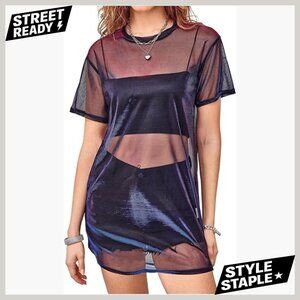 Sheer Mesh Short Sleeve Club Dress, A-Line Silhouette, Above Knee Length